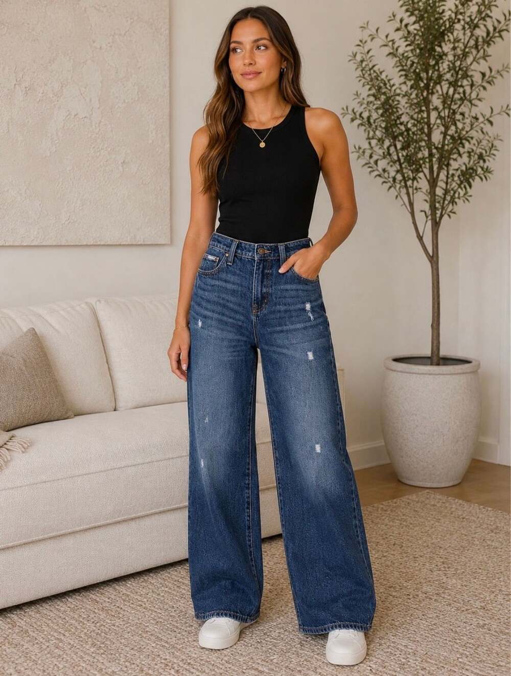 Lee High Rise Wide Leg Distressed Denim Jeans Blue